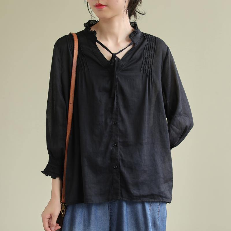 Classy black linen Blouse stand collar utton Down daily blouses