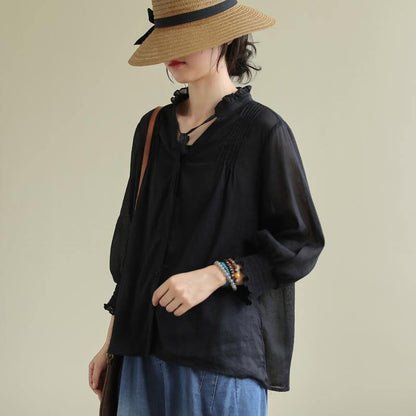 Classy black linen Blouse stand collar utton Down daily blouses