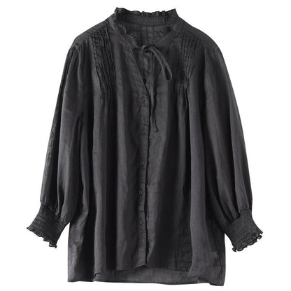 Classy black linen Blouse stand collar utton Down daily blouses
