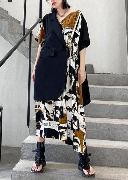 Classy Black Patchwork Cotton Quilting Dresses Asymmetric Short Dresses