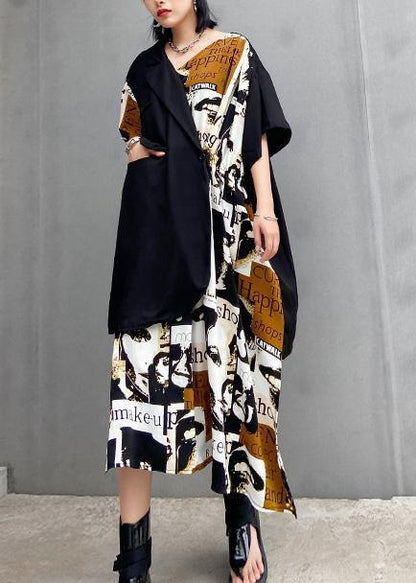 Classy Black Patchwork Cotton Quilting Dresses Asymmetric Short Dresses