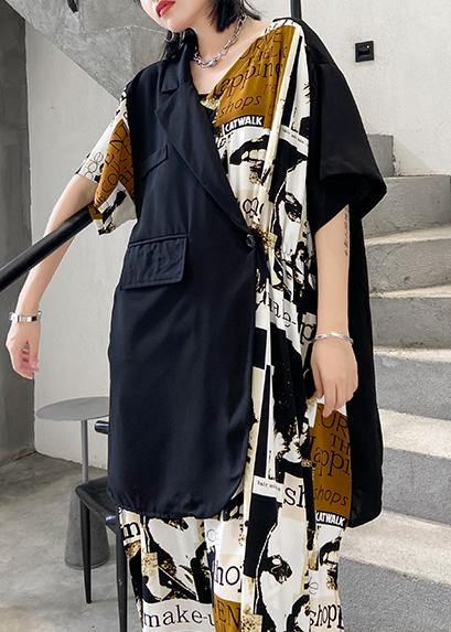 Classy Black Patchwork Cotton Quilting Dresses Asymmetric Short Dresses