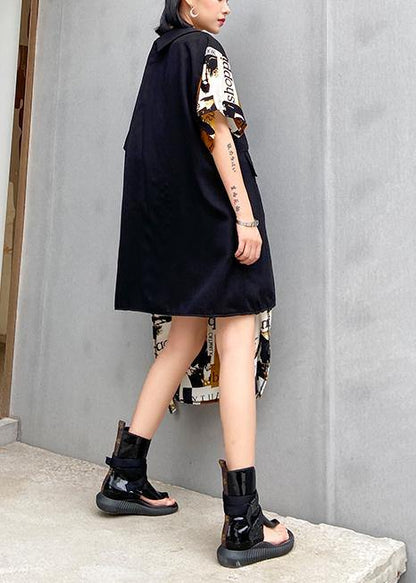 Classy Black Patchwork Cotton Quilting Dresses Asymmetric Short Dresses