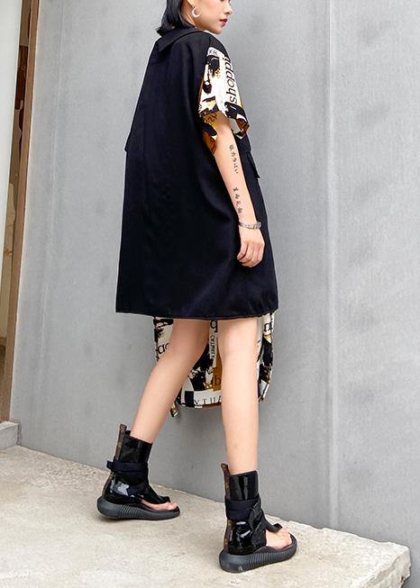 Classy Black Patchwork Cotton Quilting Dresses Asymmetric Short Dresses