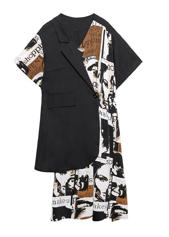 Classy Black Patchwork Cotton Quilting Dresses Asymmetric Short Dresses