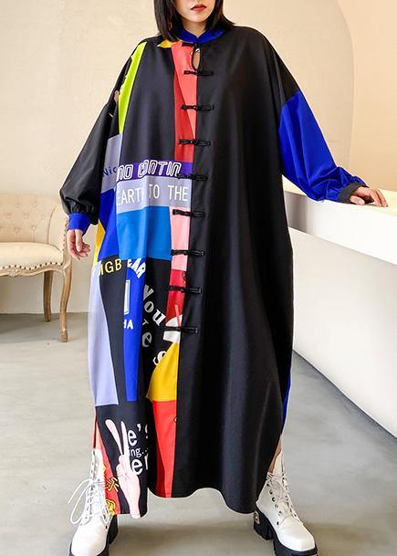Classy Black Patchwork Print Clothes Stand Collar Side Open a Line Dress