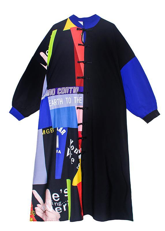 Classy Black Patchwork Print Clothes Stand Collar Side Open a Line Dress