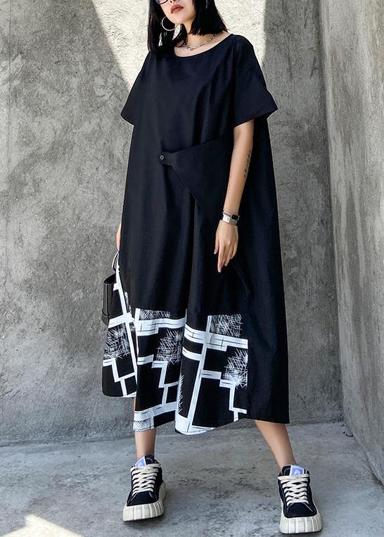 Classy Black Print Clothes for O Neck Asymmetric Robe Summer Dress