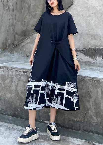 Classy Black Print Clothes for O Neck Asymmetric Robe Summer Dress