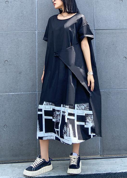 Classy Black Print Clothes for O Neck Asymmetric Robe Summer Dress