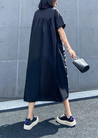 Classy Black Print Clothes for O Neck Asymmetric Robe Summer Dress