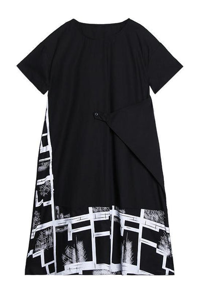 Classy Black Print Clothes for O Neck Asymmetric Robe Summer Dress