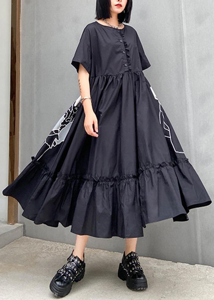 Classy Black Butterfly Dots Cotton Clothes O Neck Cinched Cotton Robes Summer Dresses