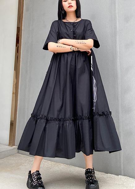 Classy Black Print Cotton Clothes O Neck Cinched Cotton Robes Summer Dresses