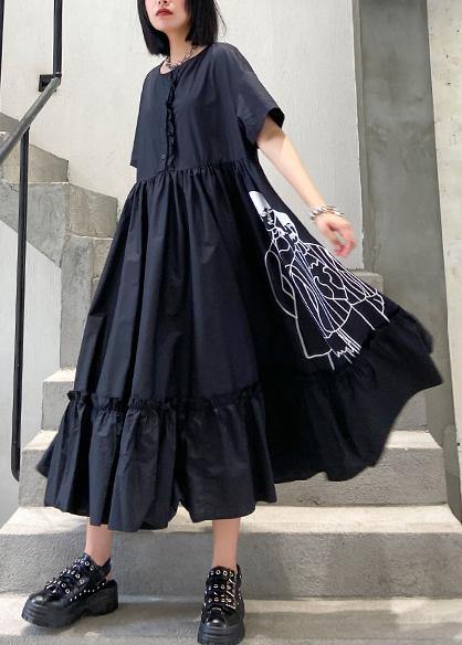 Classy Black Butterfly Dots Cotton Clothes O Neck Cinched Cotton Robes Summer Dresses