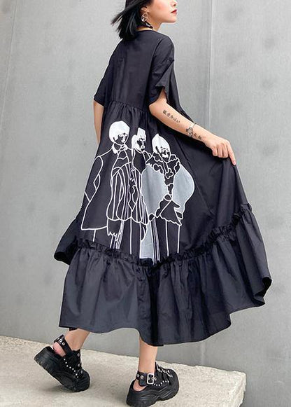 Classy Black Print Cotton Clothes O Neck Cinched Cotton Robes Summer Dresses
