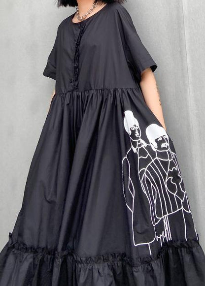 Classy Black Butterfly Dots Cotton Clothes O Neck Cinched Cotton Robes Summer Dresses