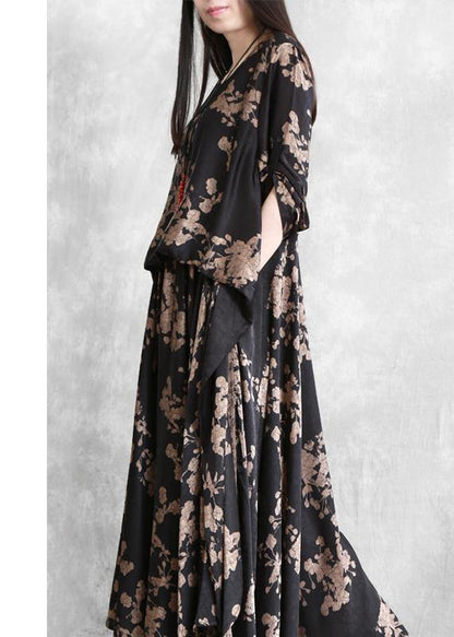 Classy Black Print Dress O Neck False Two Pieces Maxi Dress