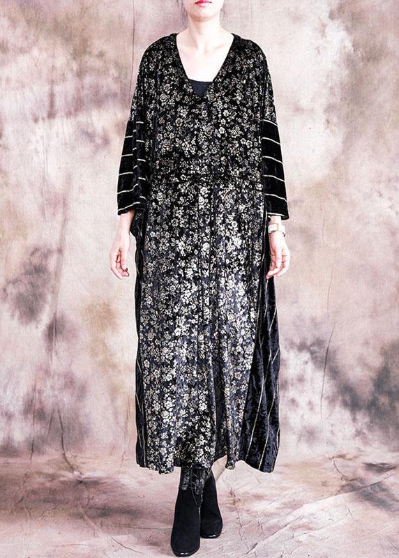 Classy Black Print Quilting Clothes O Neck Patchwork Robe Fall Dress