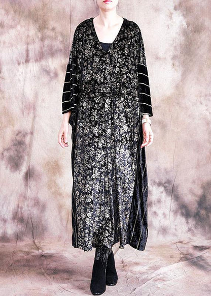 Classy Black Print Quilting Clothes O Neck Patchwork Robe Fall Dress