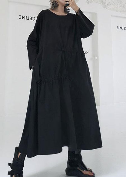 Classy Black Prints Cotton Blouses for Drawstring Dresses Fall Top