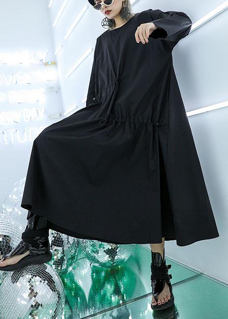 Classy Black Prints Cotton Blouses for Drawstring Dresses Fall Top