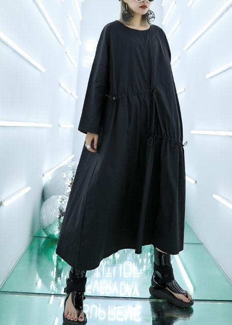 Classy Black Prints Cotton Blouses for Drawstring Dresses Fall Top