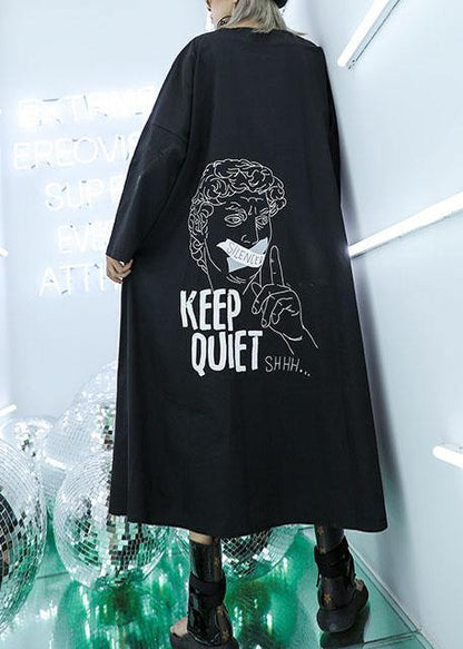 Classy Black Prints Cotton Blouses for Drawstring Dresses Fall Top