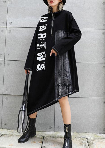 Classy Black Stand Collar Zippered Cotton Dress Asymmetric Maxi Fall Dresses