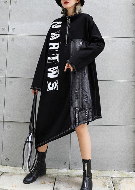 Classy Black Stand Collar Zippered Cotton Dress Asymmetric Maxi Fall Dresses
