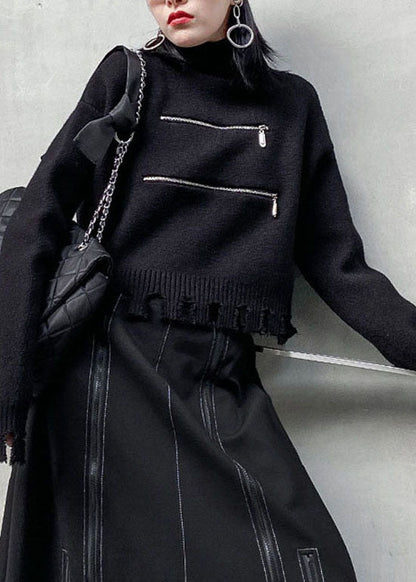 Classy Black Zippered Hole Turtle Neck Knit Sweaters Spring