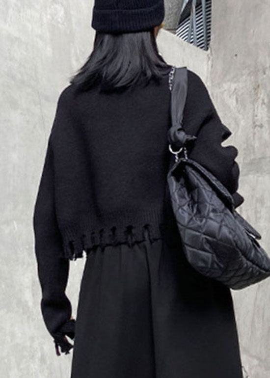 Classy Black Zippered Hole Turtle Neck Knit Sweaters Spring