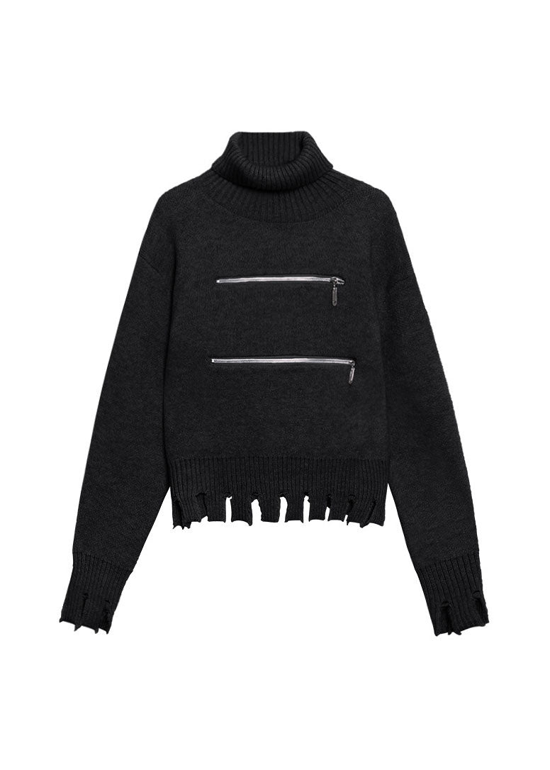 Classy Black Zippered Hole Turtle Neck Knit Sweaters Spring