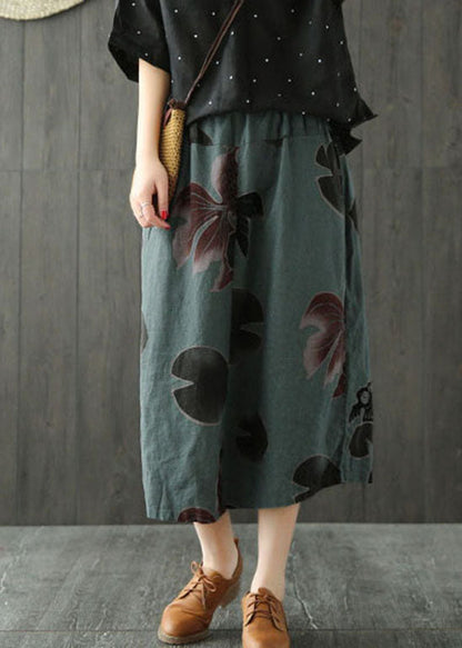 Classy Blackish Green Side Open Pockets Print Skirts Spring