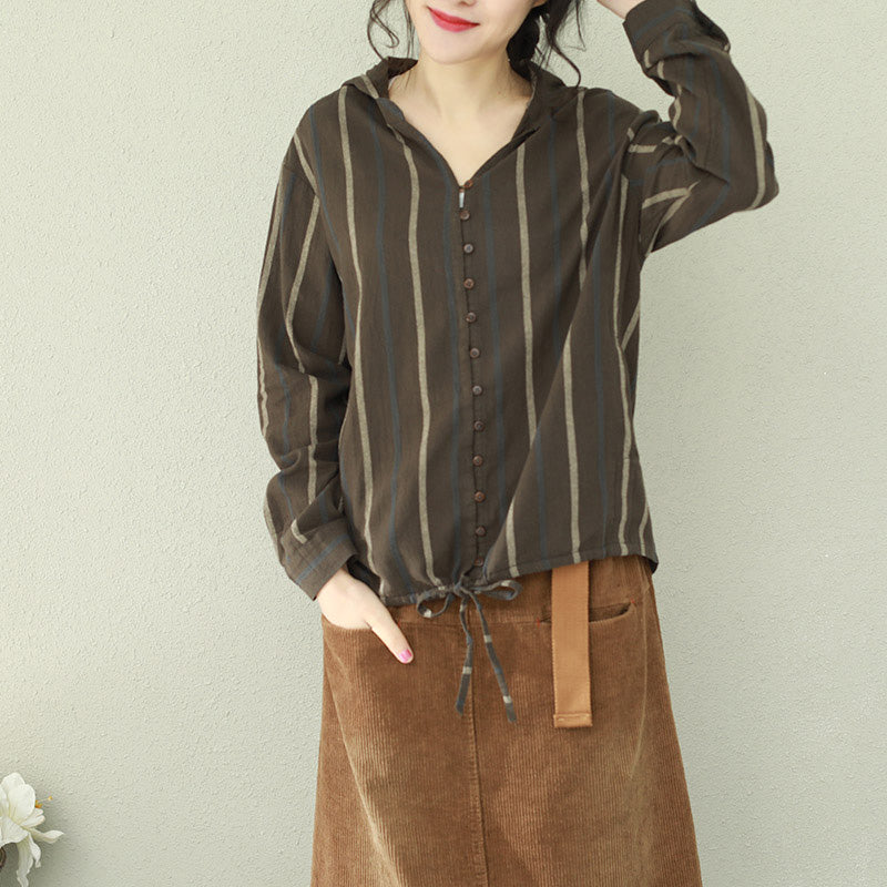 Classy Blackish Green Striped Cotton Tops Boutique Work Outfits Hooded Tunic Shirts