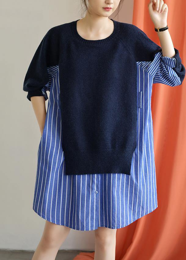 Classy Blue Cotton Long Shirts Patchwork Fall Dresses