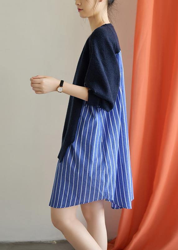 Classy Blue Cotton Long Shirts Patchwork Fall Dresses