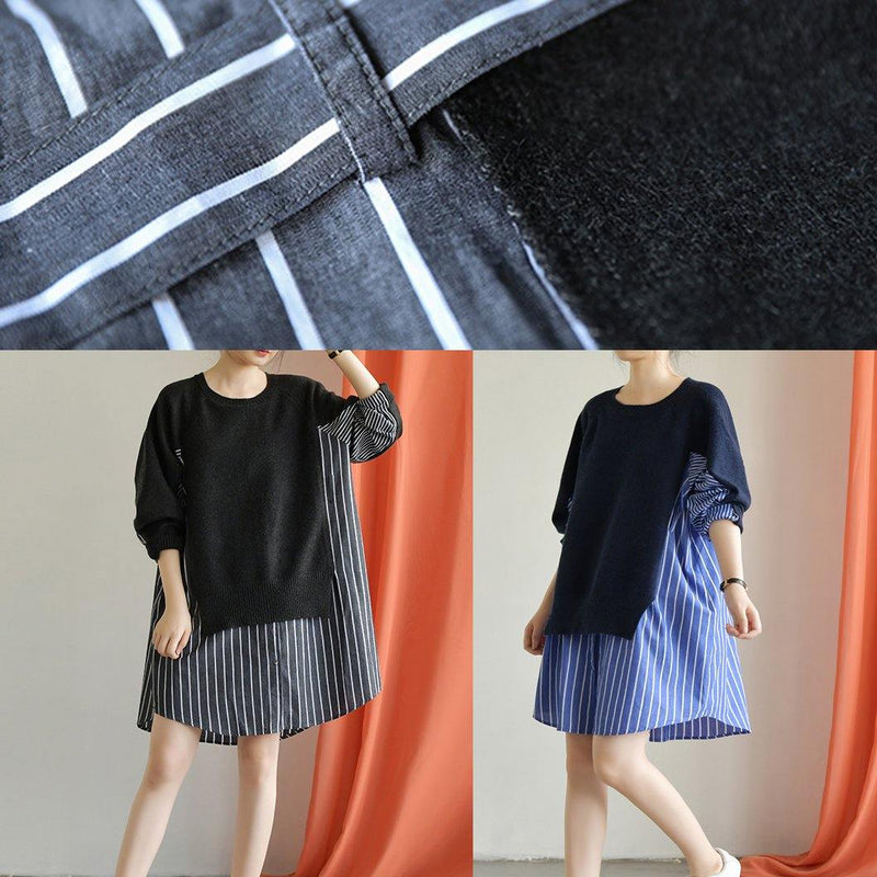 Classy Blue Cotton Long Shirts Patchwork Fall Dresses