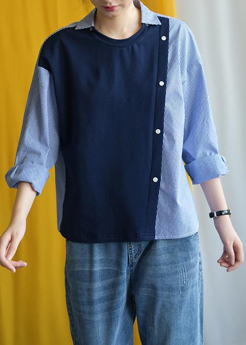 Classy Blue Cotton Tunic Top Patchwork Silhouette Fall Tops