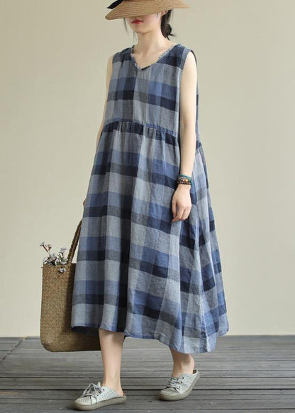 Classy Blue Plaid Cotton Clothes O Neck Pockets Art Dresses