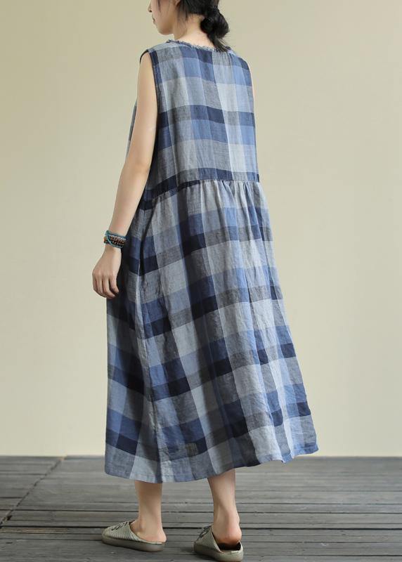 Classy Blue Plaid Cotton Clothes O Neck Pockets Art Dresses