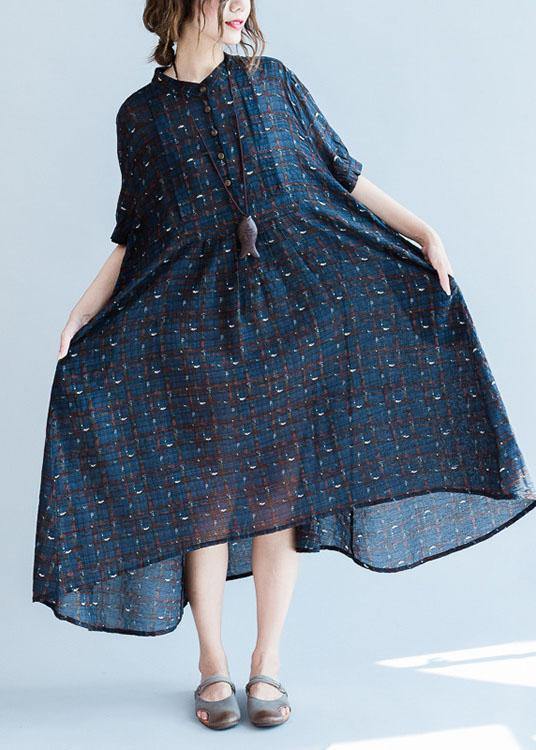 Classy Blue Plaid Cotton Dresses Stand Collar Summer Dress