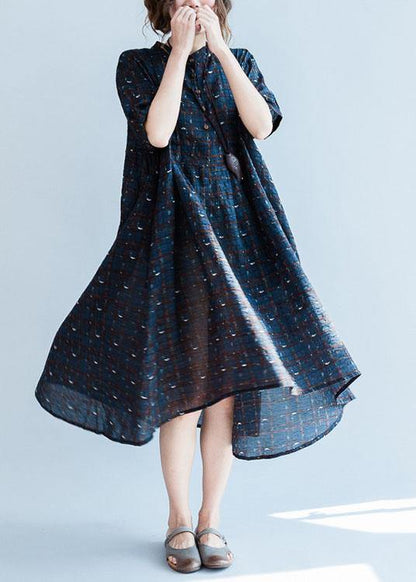Classy Blue Plaid Cotton Dresses Stand Collar Summer Dress
