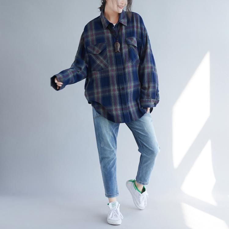 Classy Blue Plaid Cotton Linen Tops Design Side Open Daily Spring Top