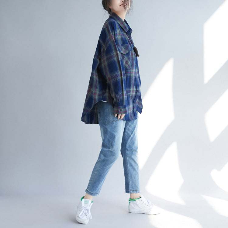 Classy Blue Plaid Cotton Linen Tops Design Side Open Daily Spring Top