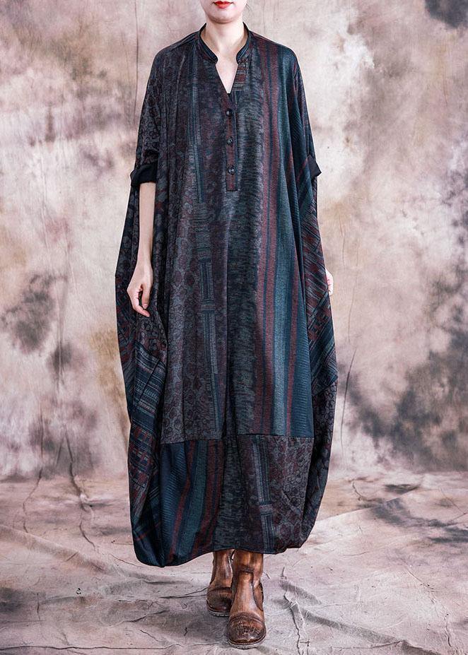 Classy Blue Print Clothes V Neck Batwing Sleeve Maxi Fall Dresses