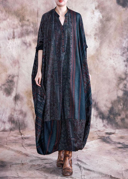 Classy Blue Print Clothes V Neck Batwing Sleeve Maxi Fall Dresses