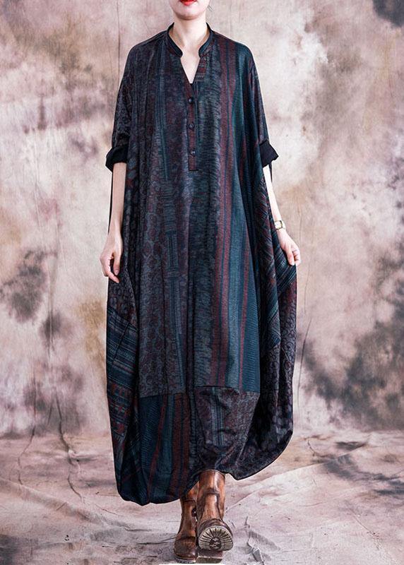 Classy Blue Print Clothes V Neck Batwing Sleeve Maxi Fall Dresses