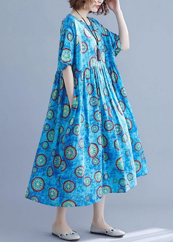 Classy Blue Print Cotton Dresses O Neck Pockets Kaftan Summer Dresses