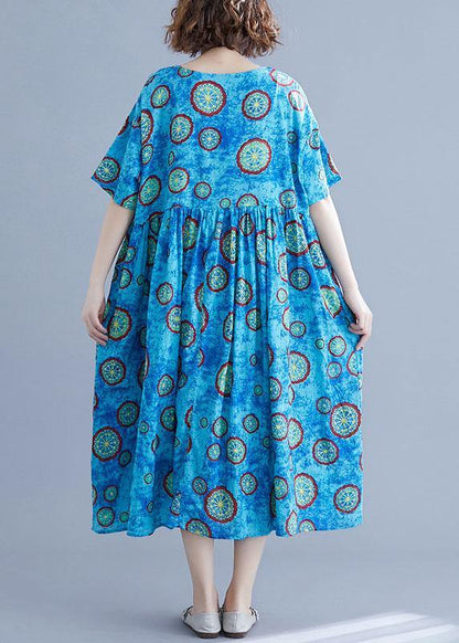 Classy Blue Print Cotton Dresses O Neck Pockets Kaftan Summer Dresses
